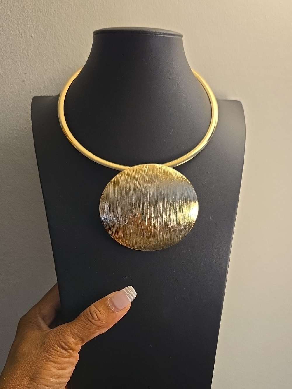 Gold Statement Collar Necklace with Textured Disc